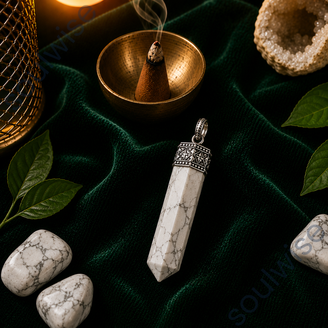 Natural Howlite Pencil Pendant – Healing Crystal Necklace for Peace, Emotional Balance, Patience & Positive Energy