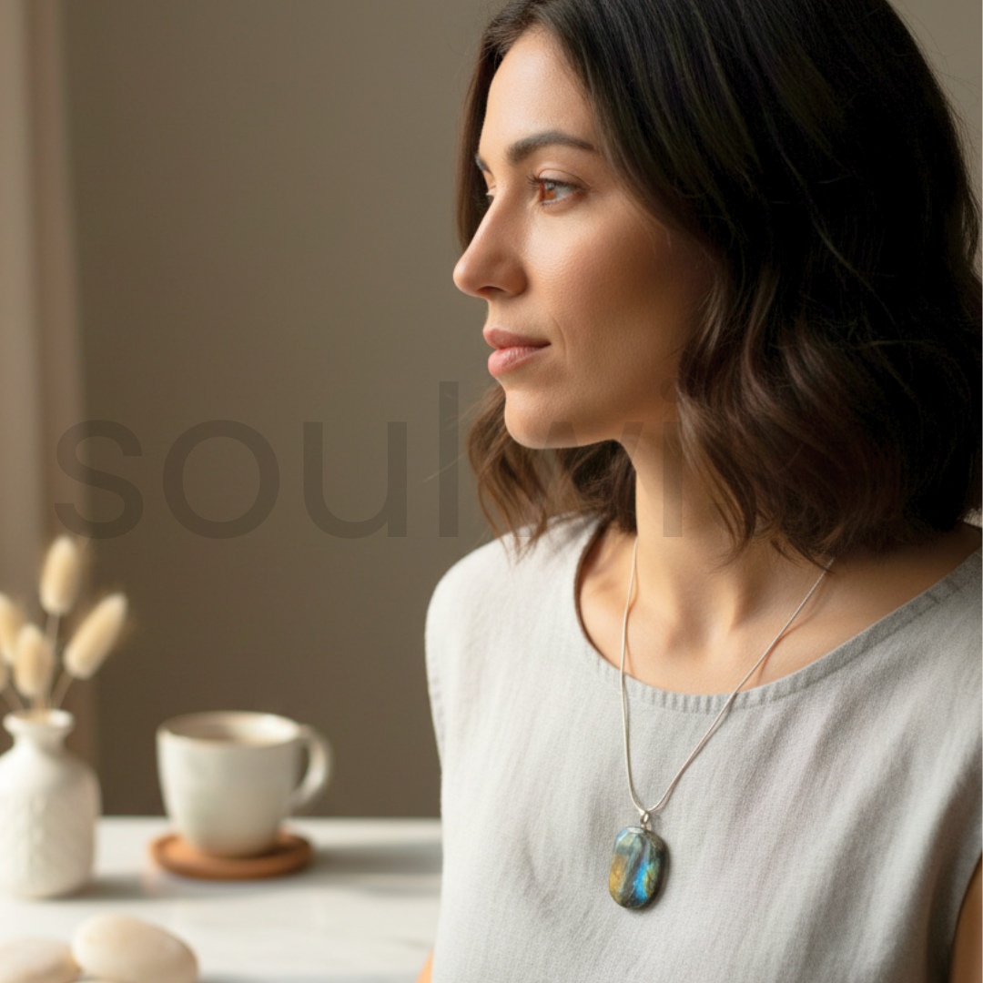 Soulwise Labradorite Freeform Pendant – Natural Iridescent Gemstone Necklace for Protection, Intuition & Healing Energy.