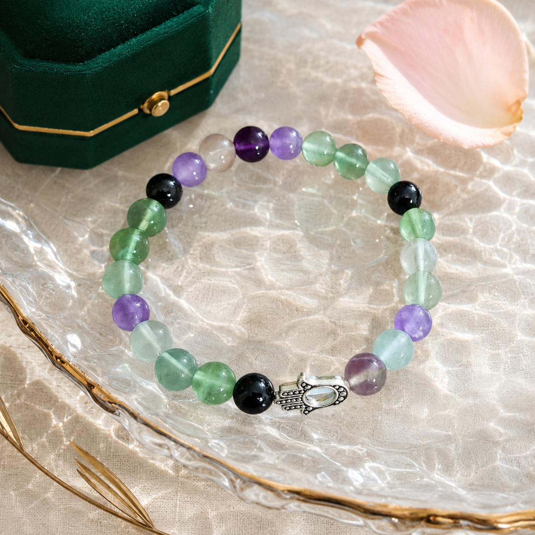 Aquarius Zodiac Crystal Bracelet with Hamsa Hand Charm – Certified Natural Multi-Stone 8mm Beads