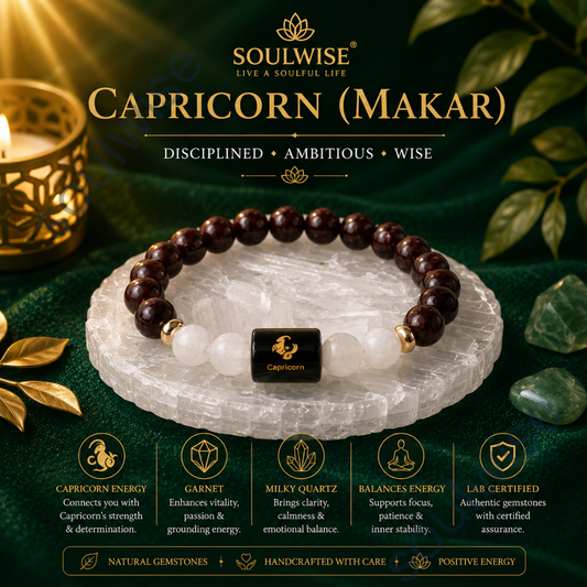 Capricorn (Makar Rashi) Zodiac Bracelet – Natural Garnet & Clear Quartz Crystal Bracelet for Success, Confidence & Clarity