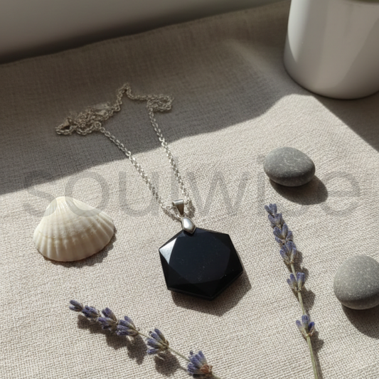 Black Obsidian Hexagon Pendant – Natural Protection Crystal Necklace for Energy Shield, Strength & Negative Energy Protection