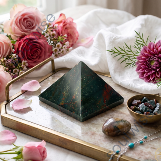 Natural Bloodstone Crystal Pyramid – Gemstone Energy Pyramid for Strength, Vitality & Spiritual Décor