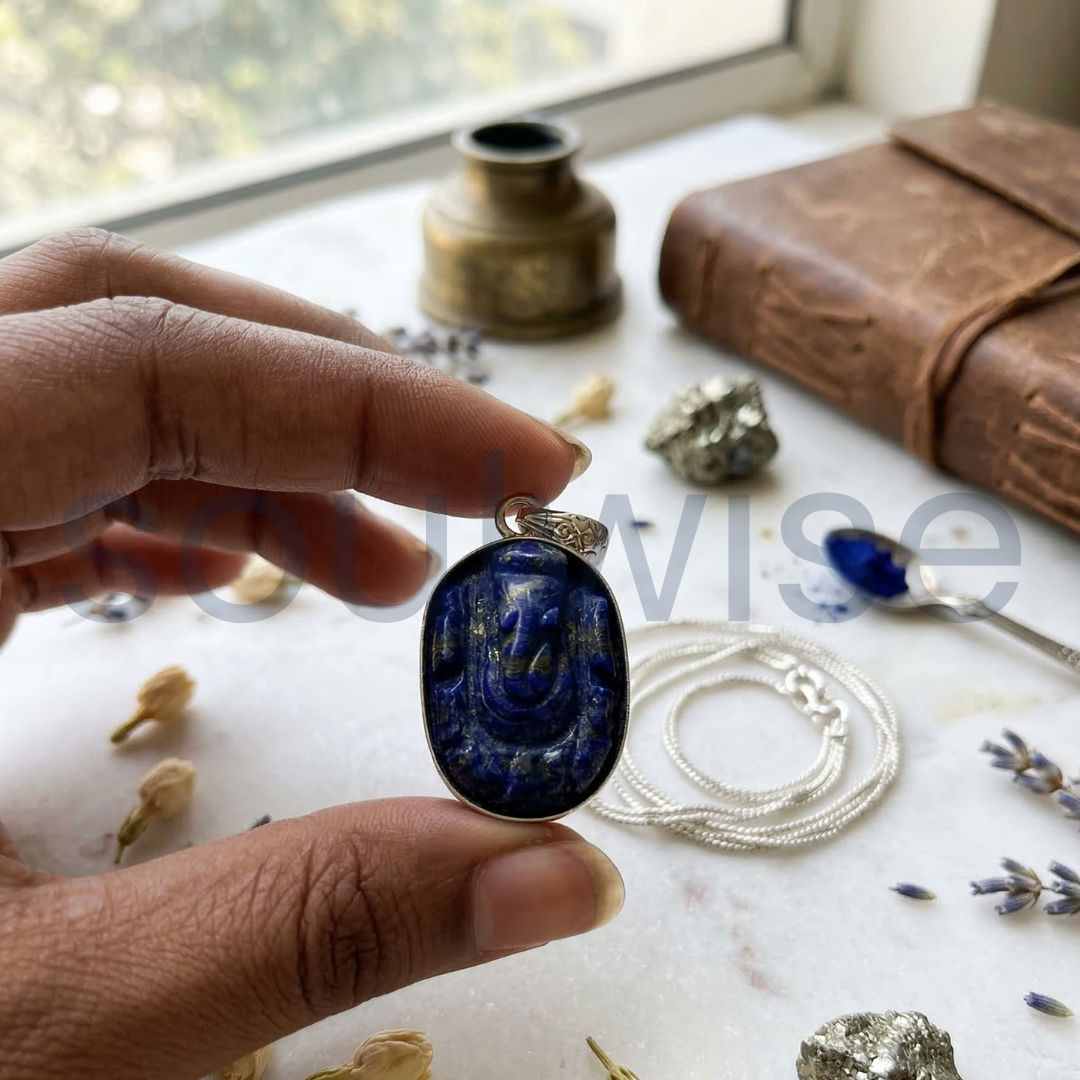 Certified Natural Lapis Lazuli Ganesha Pendant for Wisdom and Awareness.