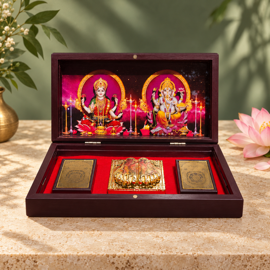 Diwali Spiritual Gift |Laxmi Ganesha Pocket Temple with Laxmi Yantra, Ganesh antra, & Charan, Gold Plated, 1 Piece 8"x5", Diwali Gift & Home Decor