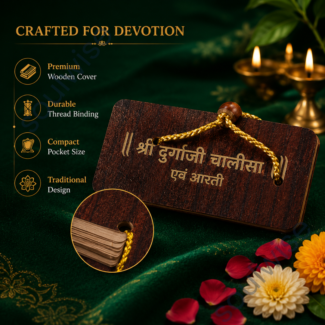 Shree Durga Chalisa Evam Aarti – Wooden Pocket Prayer Book with Sacred Thread | Portable Devotional Book for Daily Worship, Navratri Pooja & Spiritual Gift