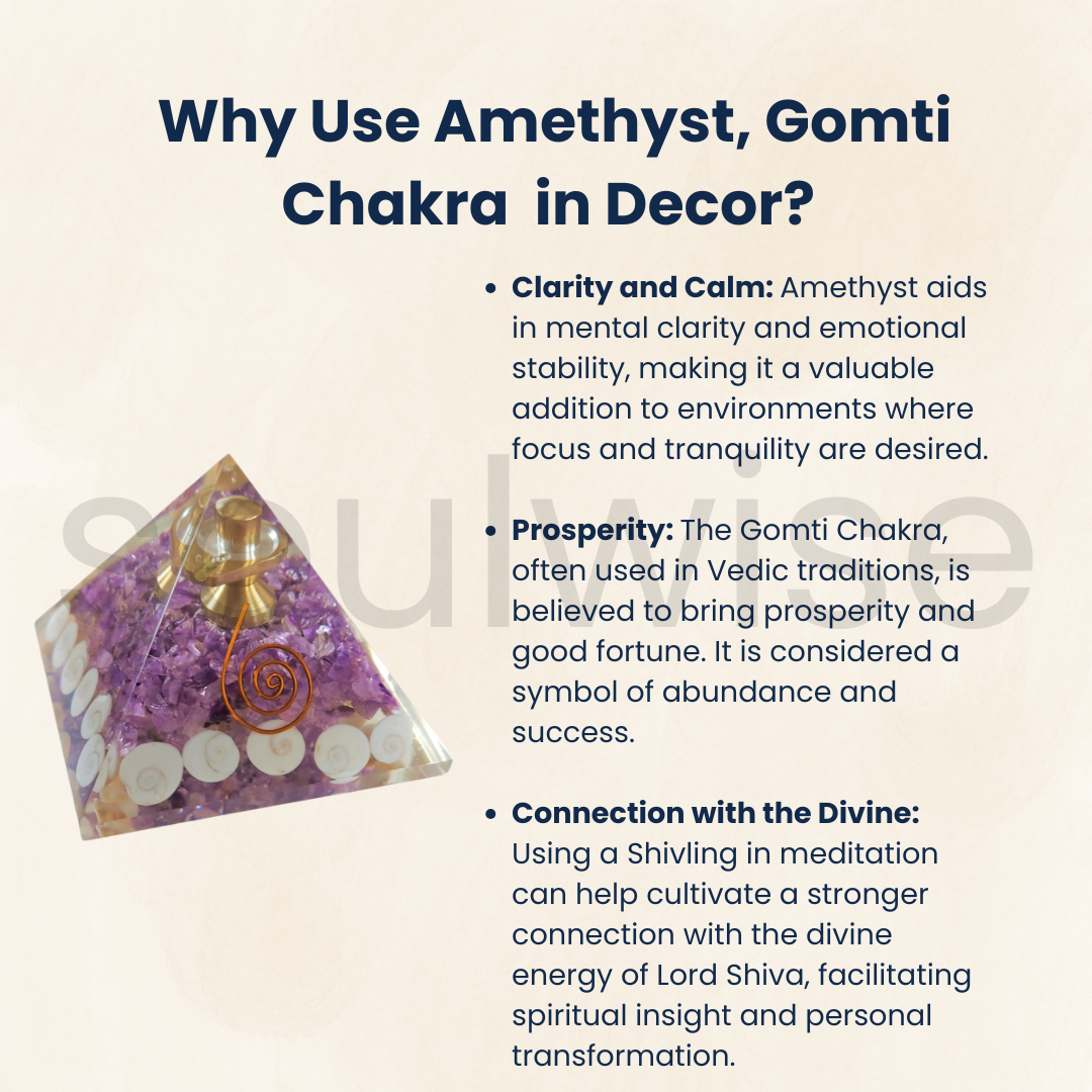 Soulwise Orgonite Pyramid with Amethyst Crystal, Gomti Chakra & Shivling – 7 cm Energy Generator for Vastu, Meditation, Healing & Home Decor