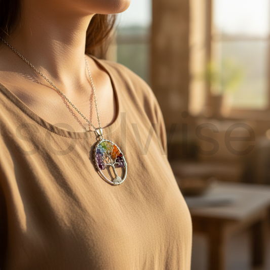 Tree of Life 7 Chakra Pendant Necklace – Natural Seven Chakra Gemstone Healing Necklace for Balance, Protection & Spiritual Growth (Unisex)