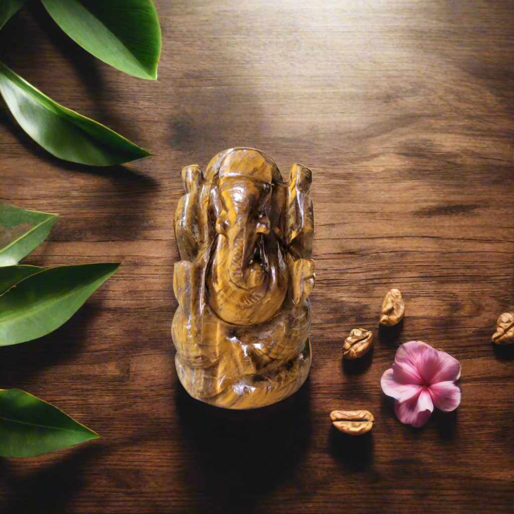 Tiger Eye Ganesha Idol – 5 cm | Hand-Carved Ganesh Statue in Natural Tiger Eye Crystal for Courage, Clarity & Protection