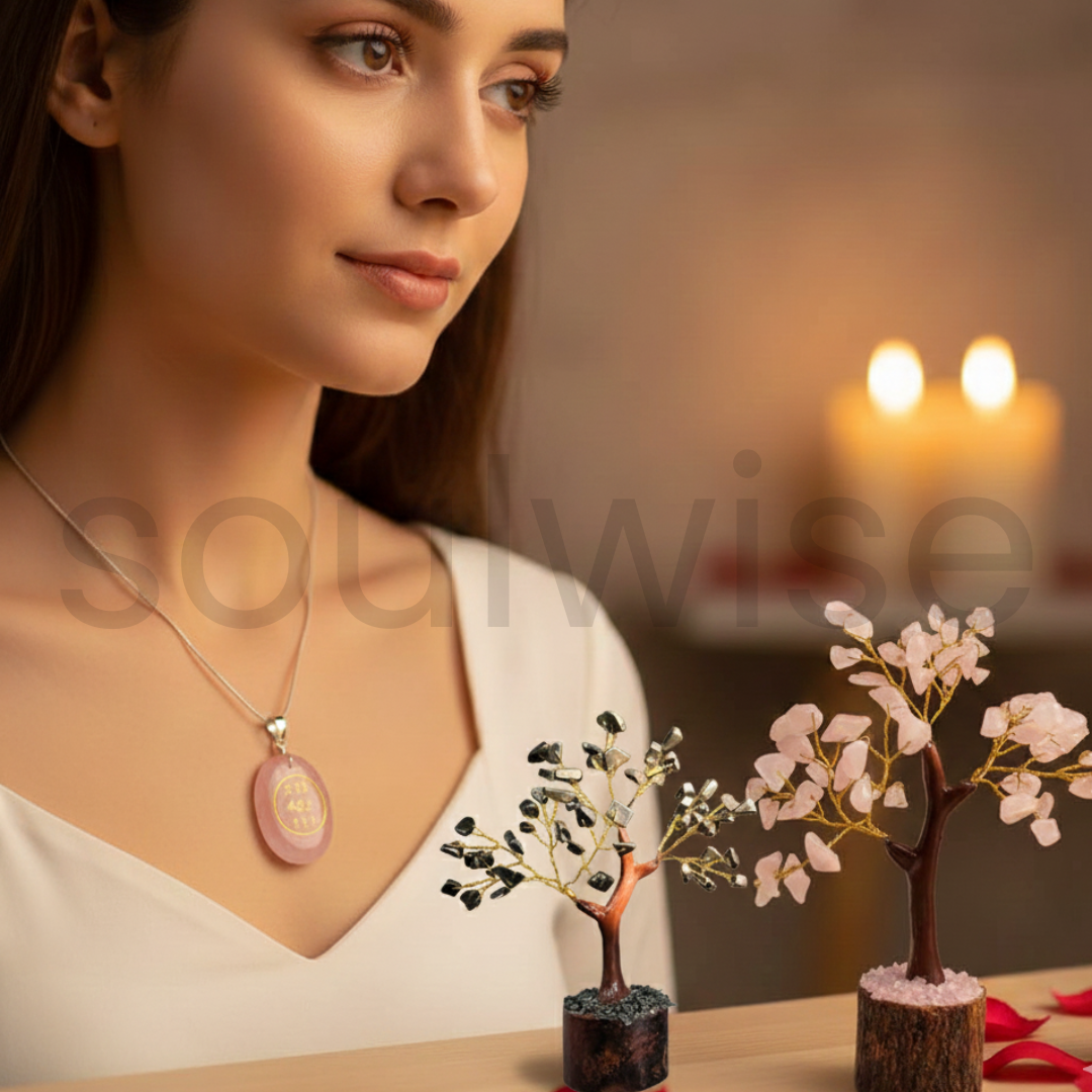 Rose Quartz and Pyrite Crystal Tree Pair with Rose Quartz Angelic Symbol Pendant, Valentine's Day Gift for Love, Positivity and Healing Energy