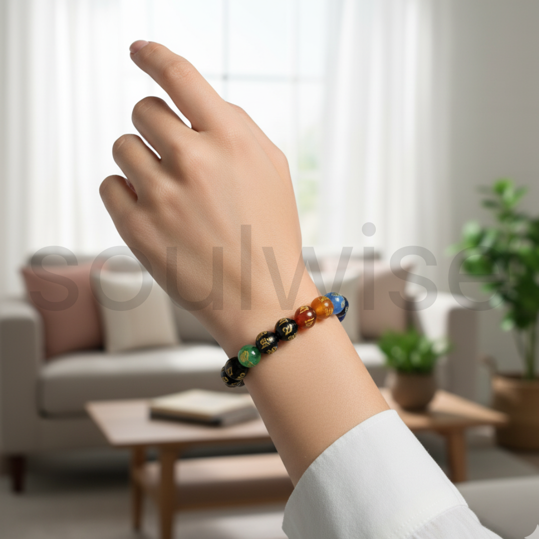 7 Chakra Crystal Bracelet, Om Mani Symbol, 8 mm Natural Gemstone Beads, Energy Healing, Meditation, Yoga Jewelry