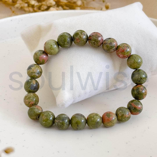 Unakite Crystal Bracelet for Women & Men – Natural Green Pink Gemstone Beaded Stretch Bracelet
