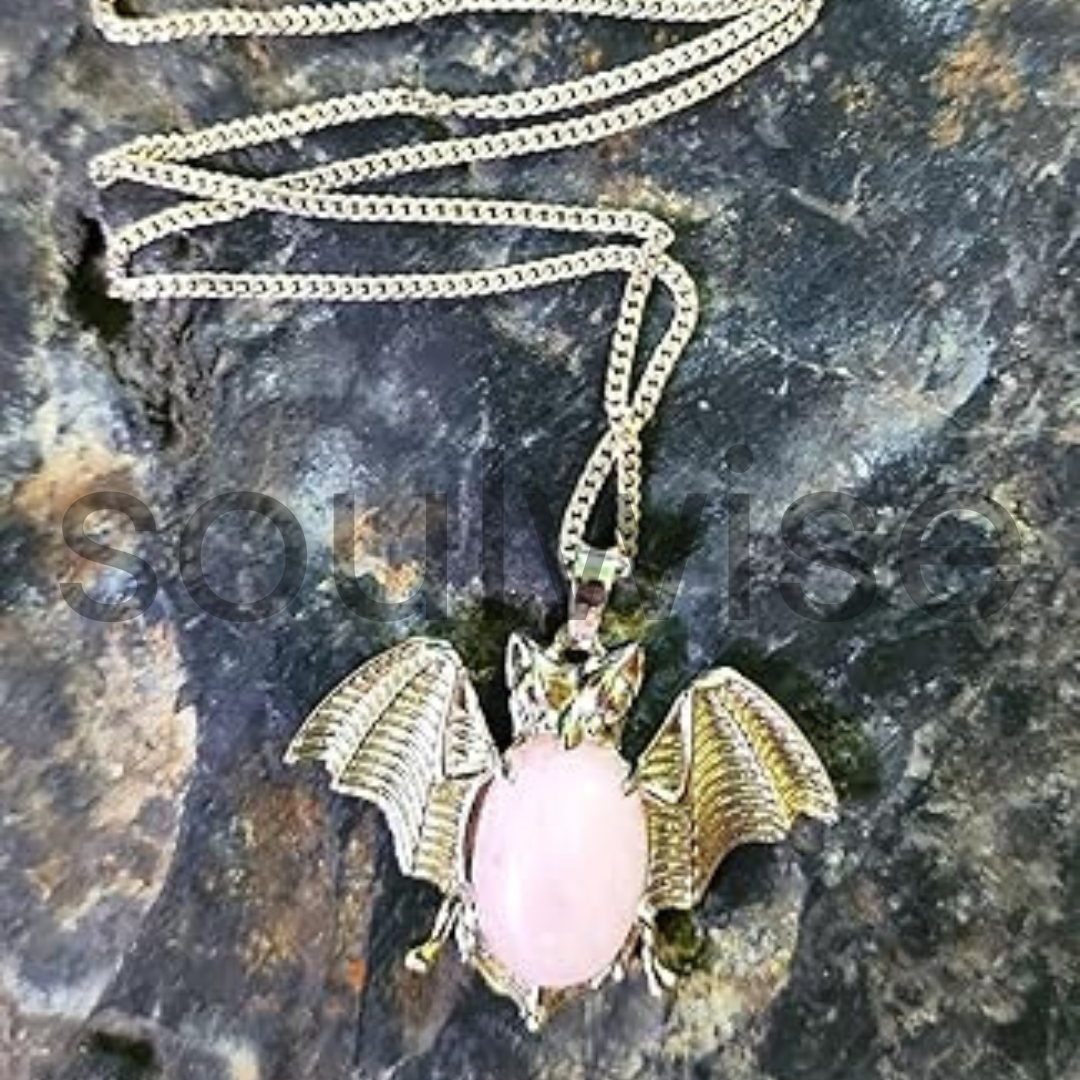 Soulwise Rose Quartz Crystal Bat symbol Pendant Necklace for Protection, Good Luck, healthy relationships and family growth, Unisex Gift