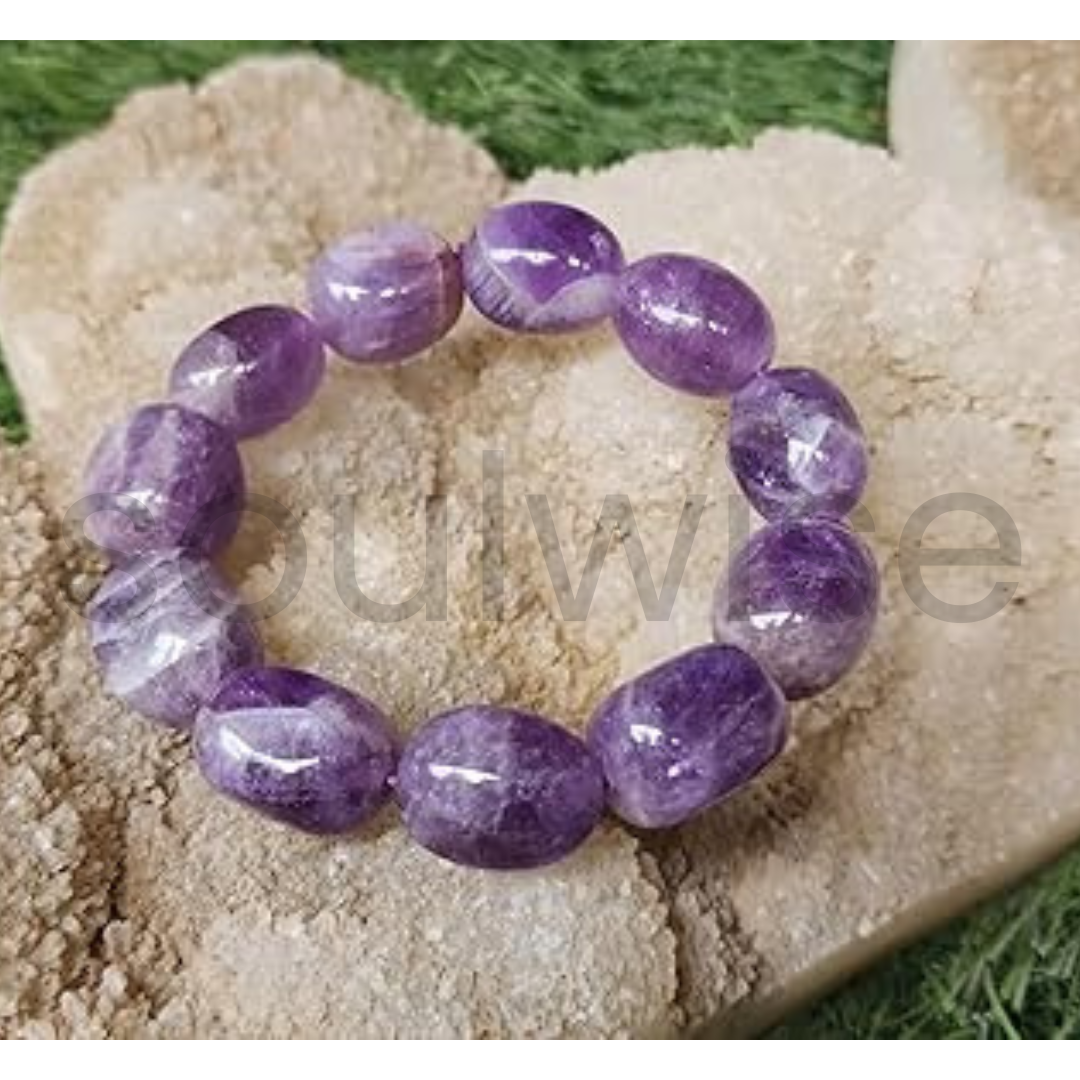 Soulwise Natural Amethyst Tumble bracelet for good relationship, happiness, health, and wealth, healing Crystal for Peace, Chakra Healing, and balancing