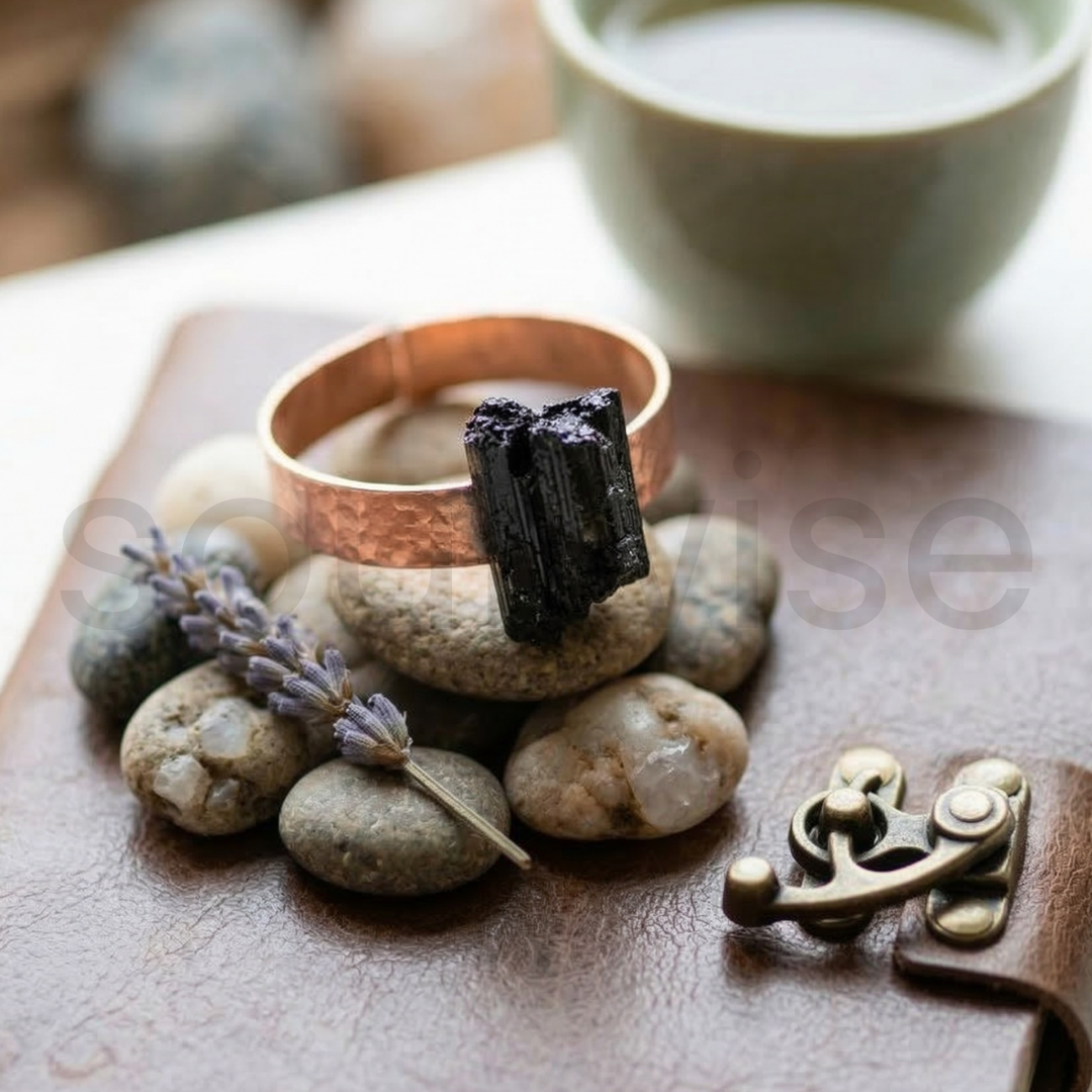 Black Tourmaline copper ring, adjustable, for protection, energy healings, and well-being, unisex copper ring