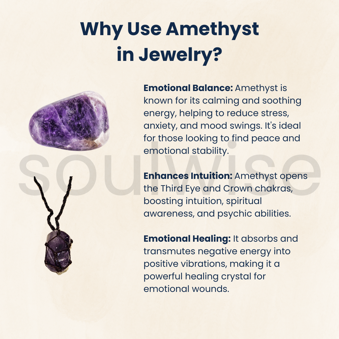 Handmade Amethyst Tumble Stone Necklace – Natural Healing Crystal Wrapped in Black Thread Cord – Unisex