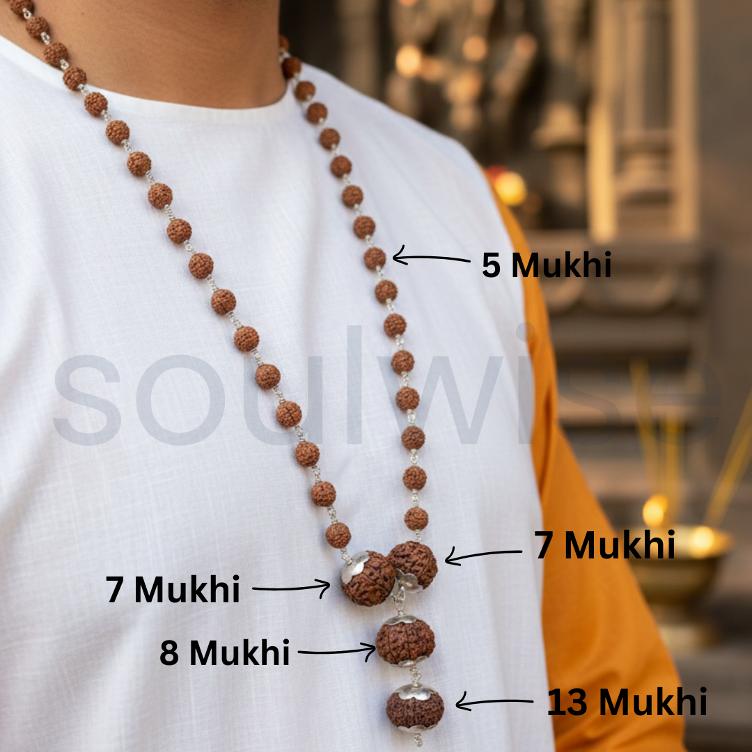 7, 7, 8, 13 Mukhi with 5 Mukhi Silver Nepali Rudraksha Mala – Spiritual & Protective Necklace