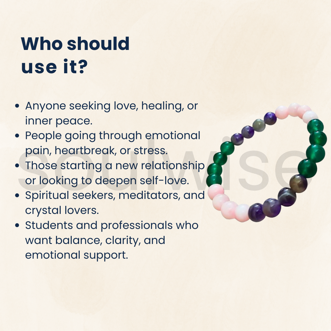 Soulwise Relationship Healing Crystal Bracelet: Amethyst, Rose Quartz & Green Aventurine for Harmony & Wellbeing , 8mm certified, unisex