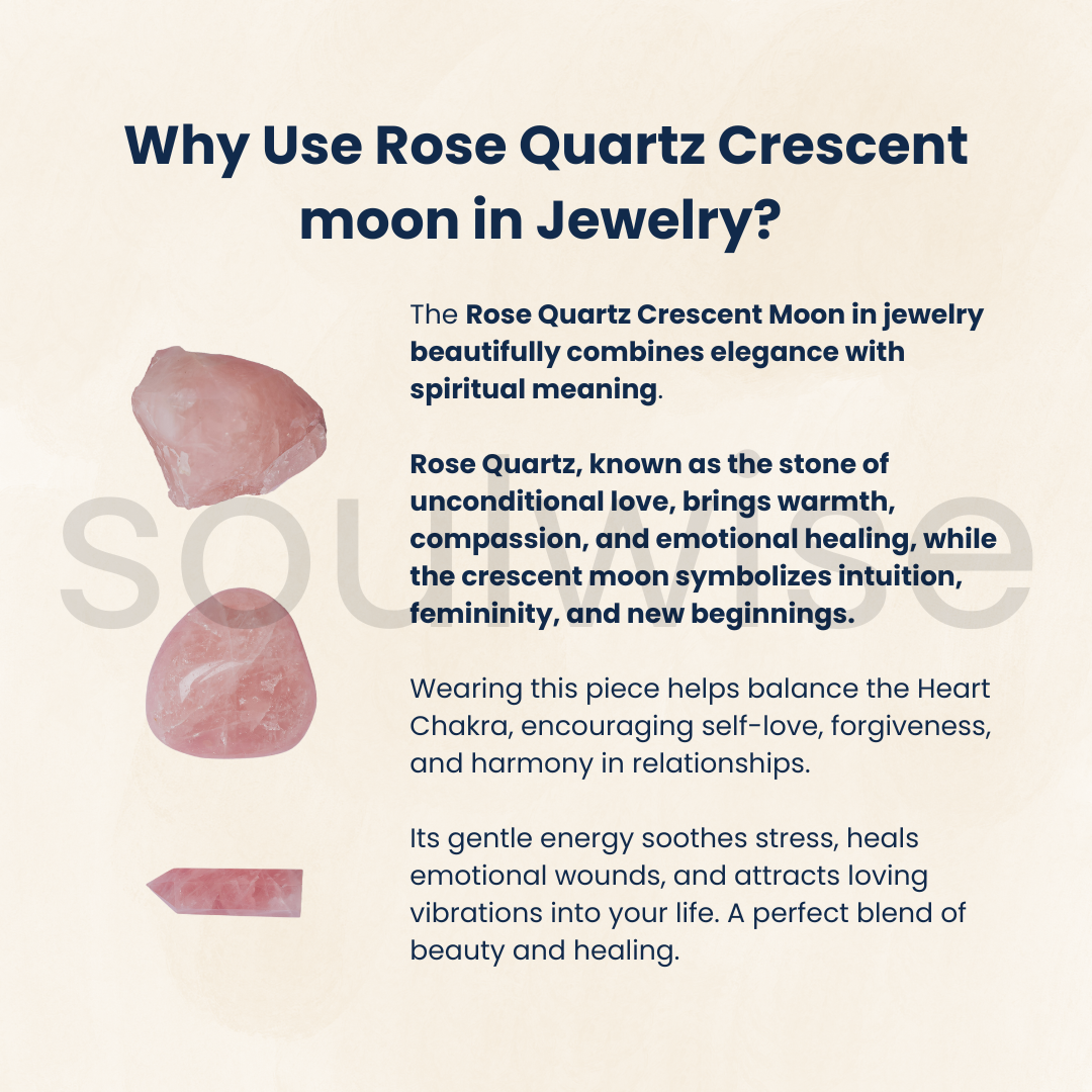 Soulwise Rose Quartz Crescent Moon Pendant with Silver Bail – Natural Pink Crystal Necklace for Healing, Love, and Spiritual Energy – Hand-Carved Stone Jewelry