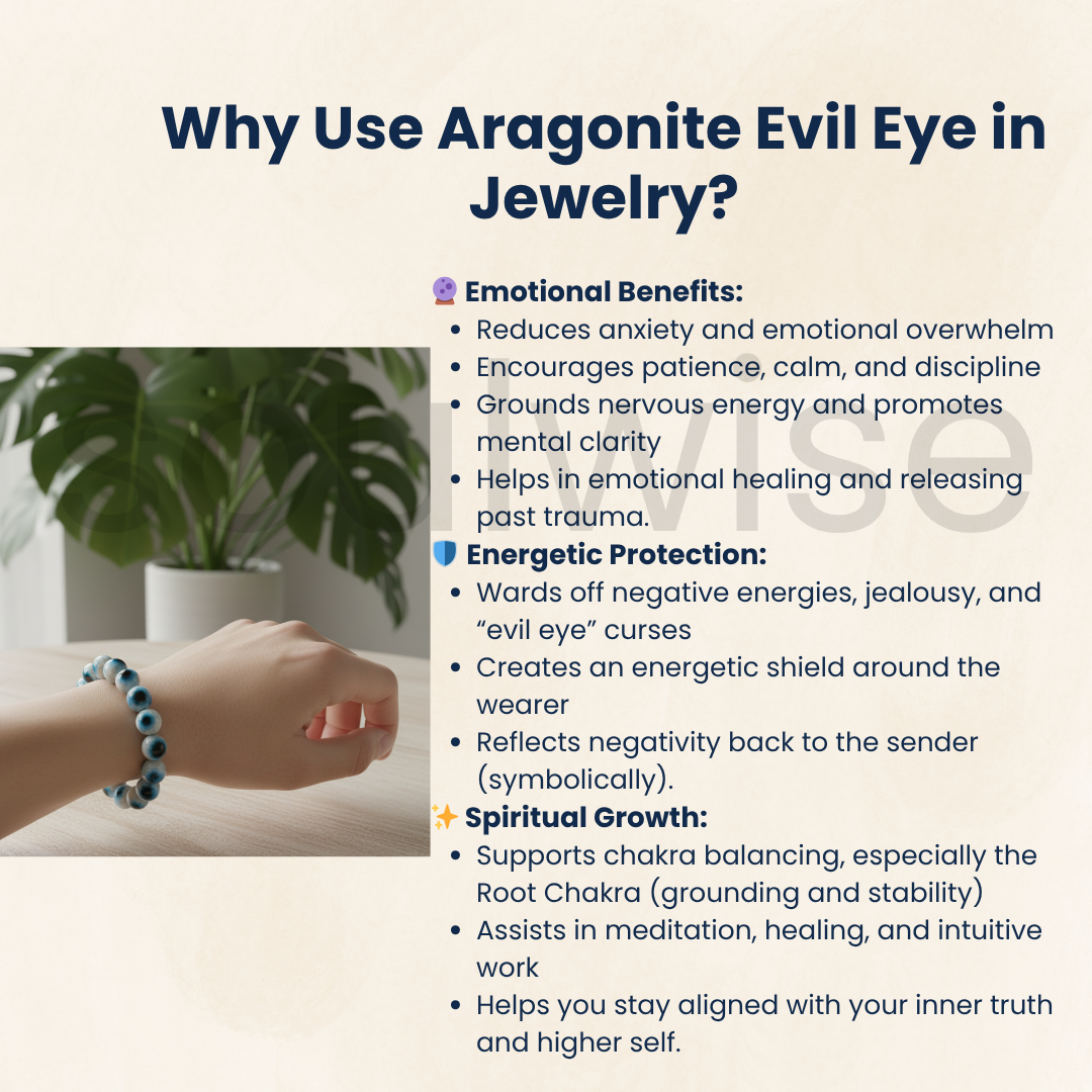 Original Aragonite Evil Eye Bracelet – 10mm Natural Crystal Beads for Protection & Grounding