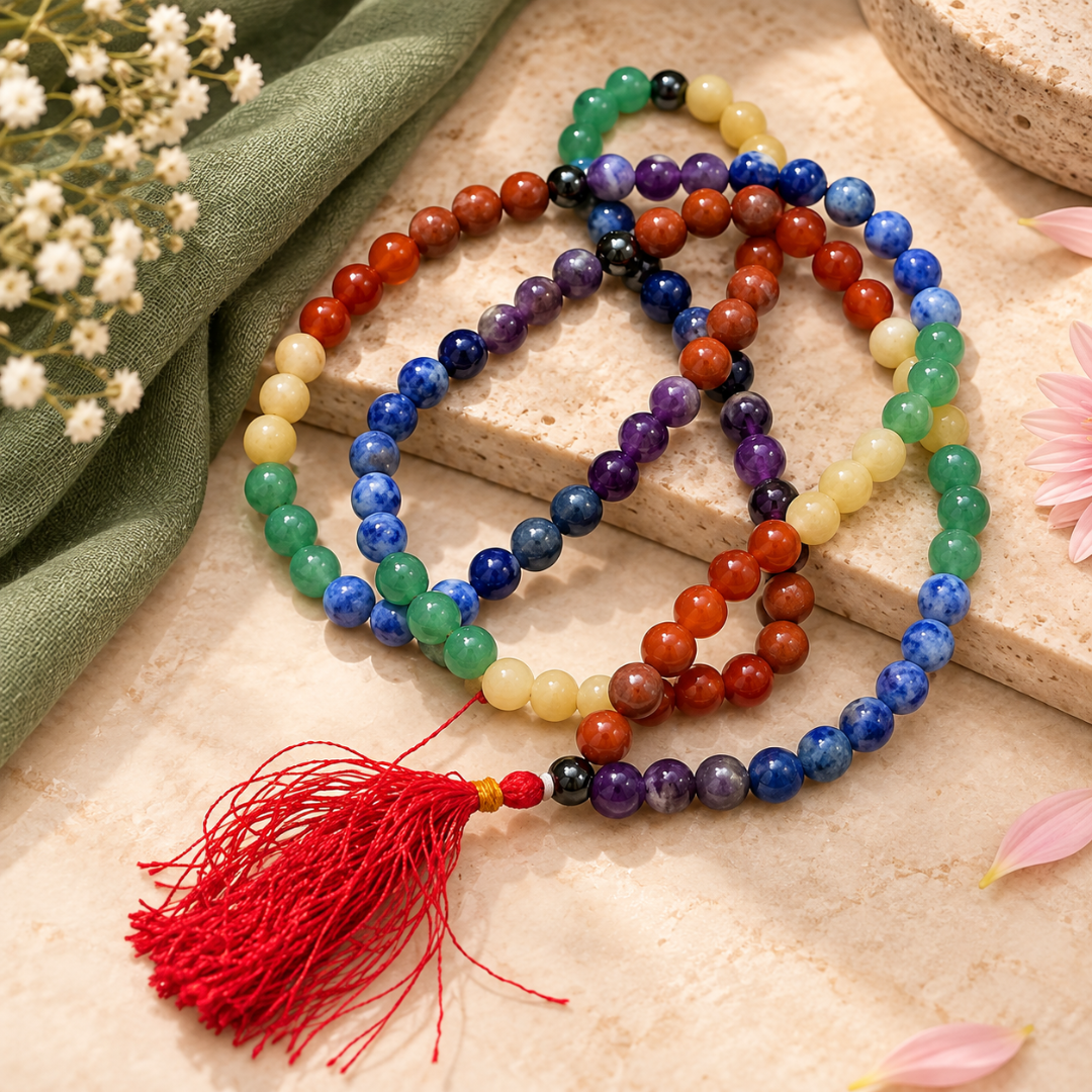 7 Chakra Crystal Jaap Mala Necklace – Natural Seven Chakra Healing Gemstone Prayer Beads for Meditation, Reiki, Energy Alignment & Spiritual Balance