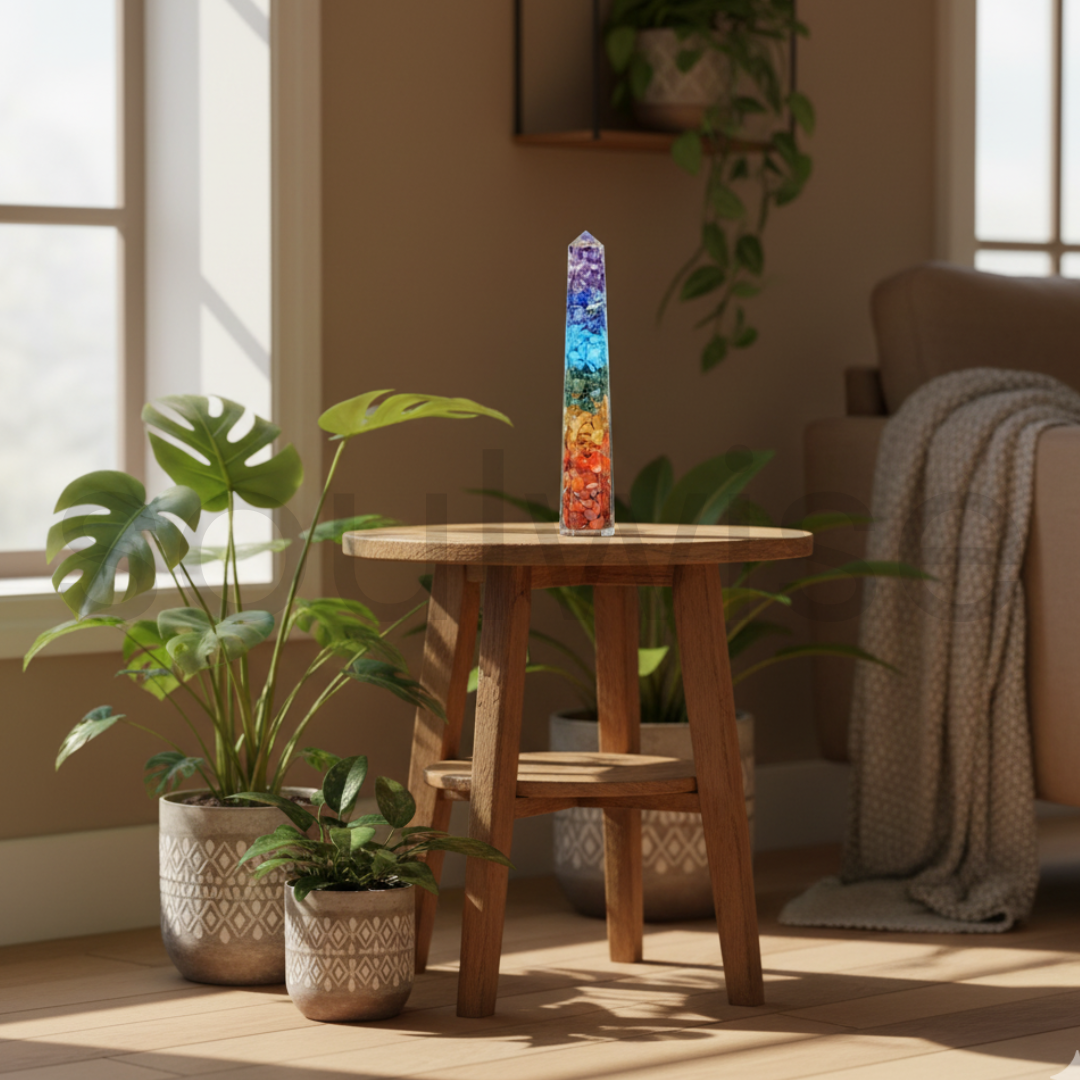 Seven/7 Chakra Orgonite Pencil Obelisk– Natural Gemstone Energy Generator Wand for Reiki, Meditation, Chakra Balancing & Positive Energy.