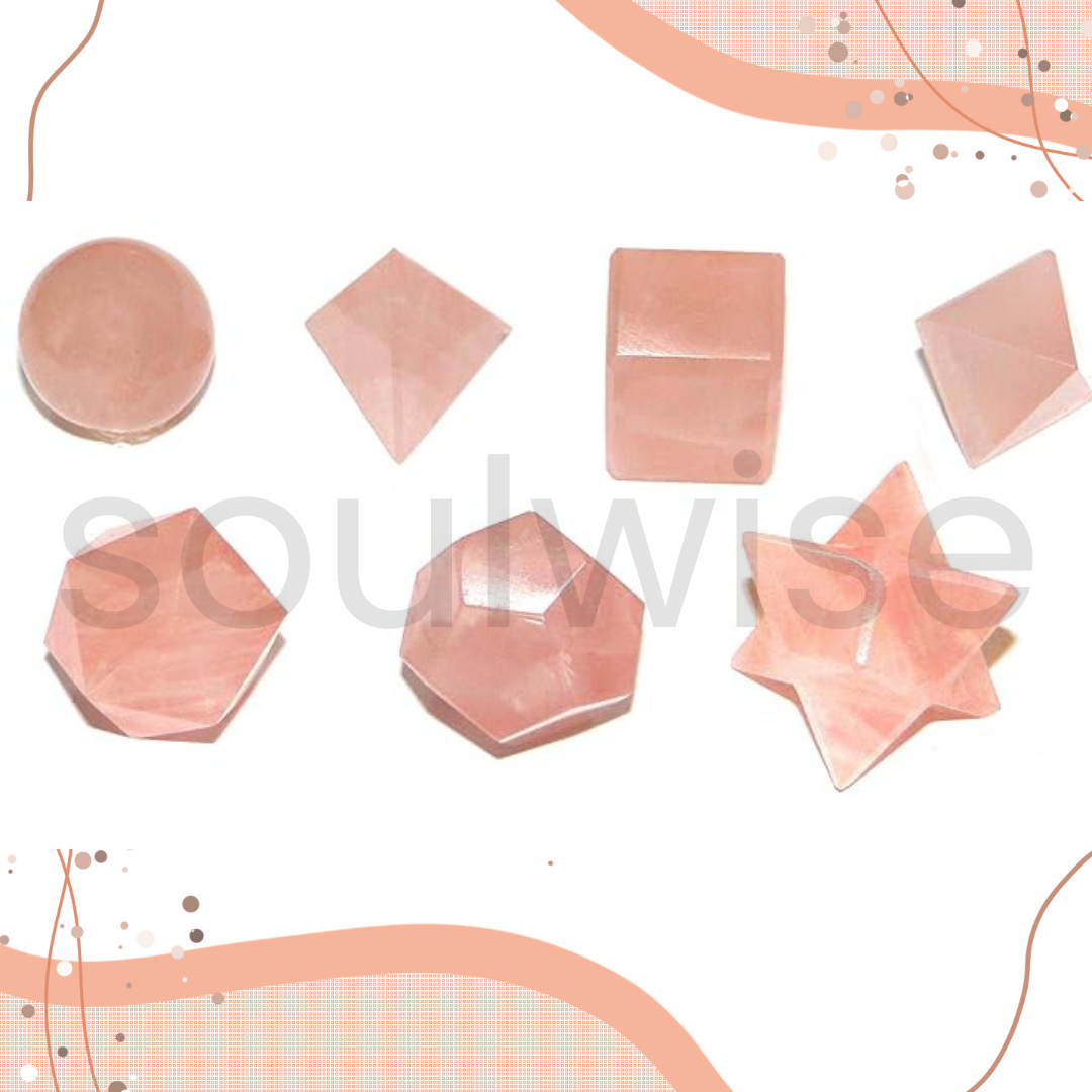 Soulwise Rose Quartz Sacred Geometry Set – 7-Piece Polished Crystal Shapes for Energy Healing, Meditation & Chakra Alignment