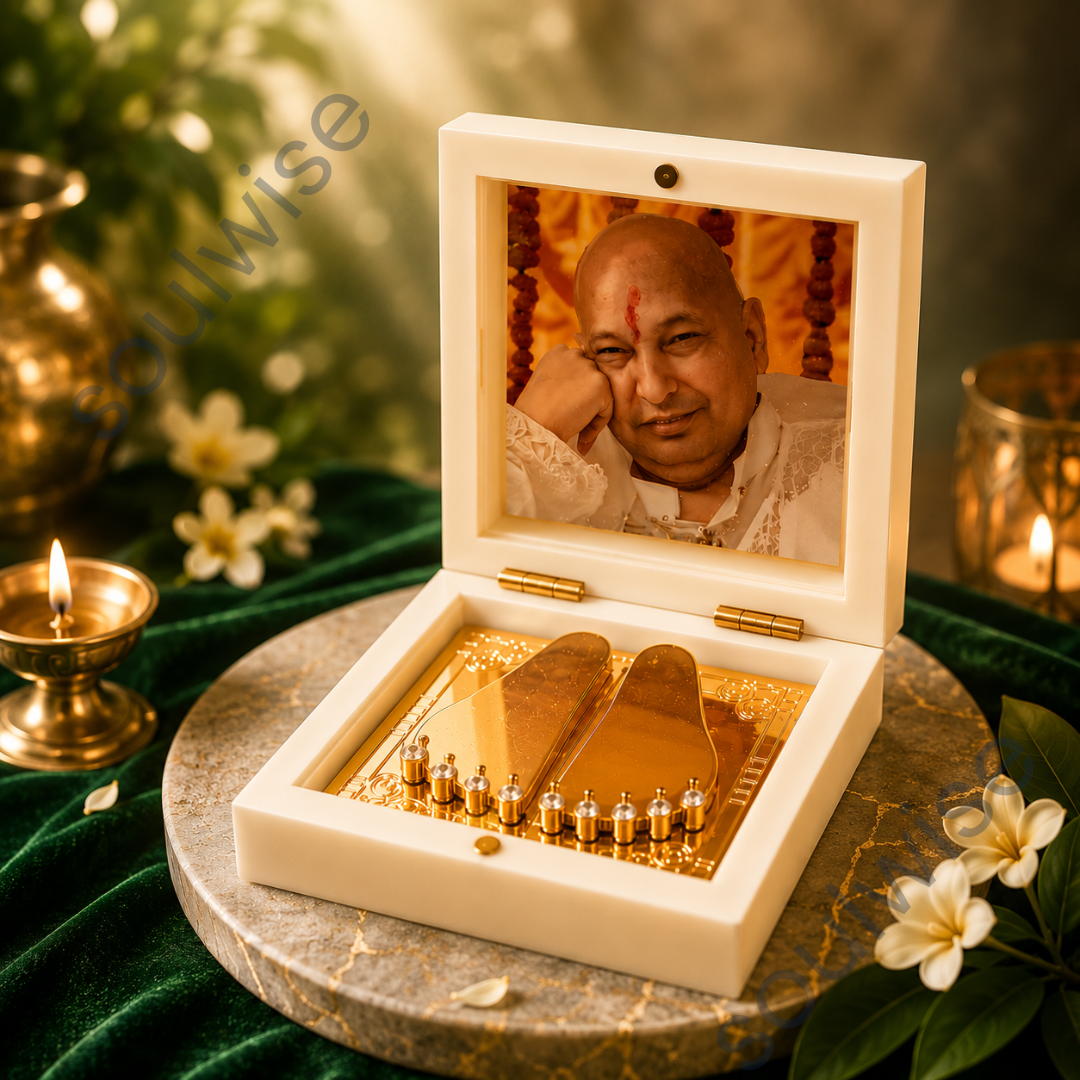 Guru Ji Maharaj Golden Paduka Temple Box with Photo Frame – Premium Spiritual Décor & Divine Blessings Showpiece for Home, Office & Pooja Room