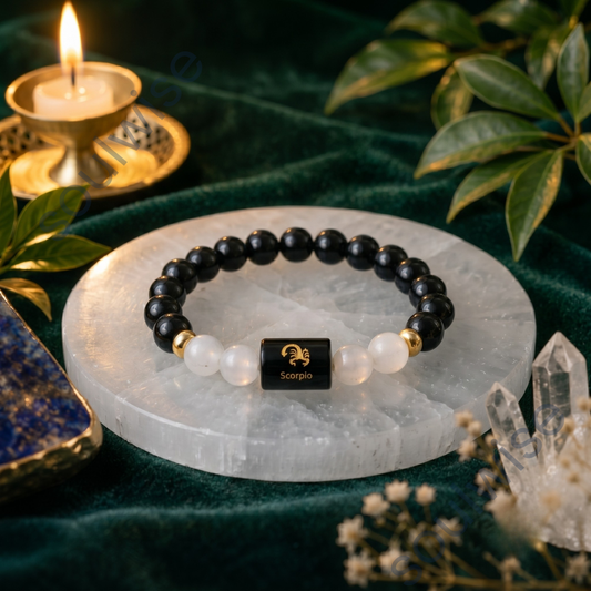Scorpio (Vrishchik Rashi) Zodiac Bracelet – Natural Obsidian & Clear Quartz Crystal Bracelet for Protection, Strength & Clarity