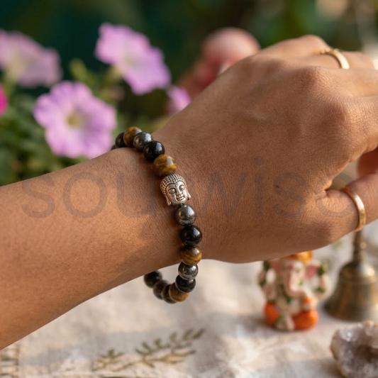 Triple Protection Bracelet with Buddha Charm – Tiger Eye, Obsidian & Hematite for Protection and Good Luck