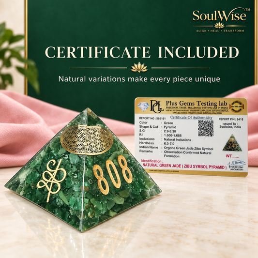 Green Aventurine Orgonite Pyramid with Flower of Life & Zibu Symbol,Crystal Showpiece for Home Décor, Office Desk, Meditation & Spiritual Gifting