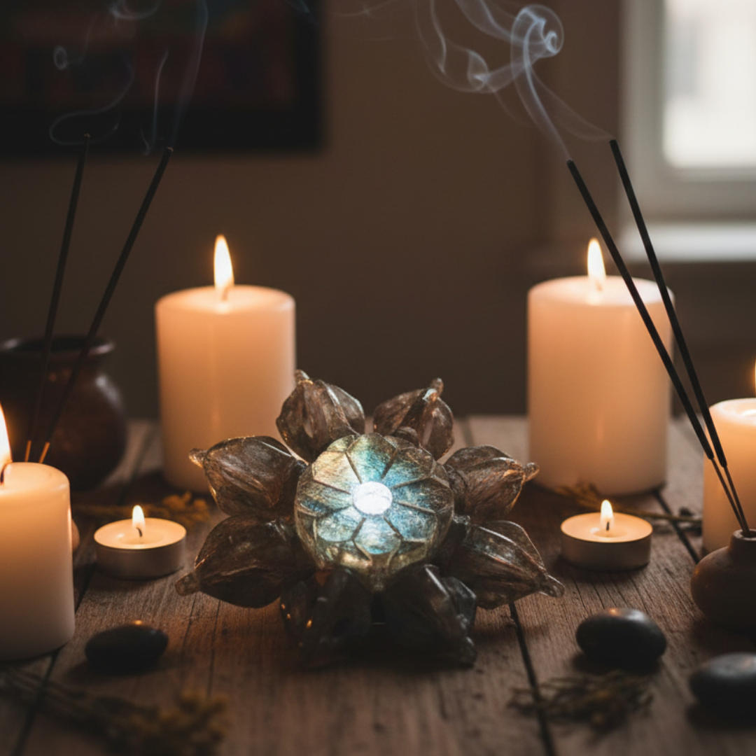 Labradorite Flower Dorje – Approx. 700g, 15cm Diameter, Natural Healing Crystal Tool