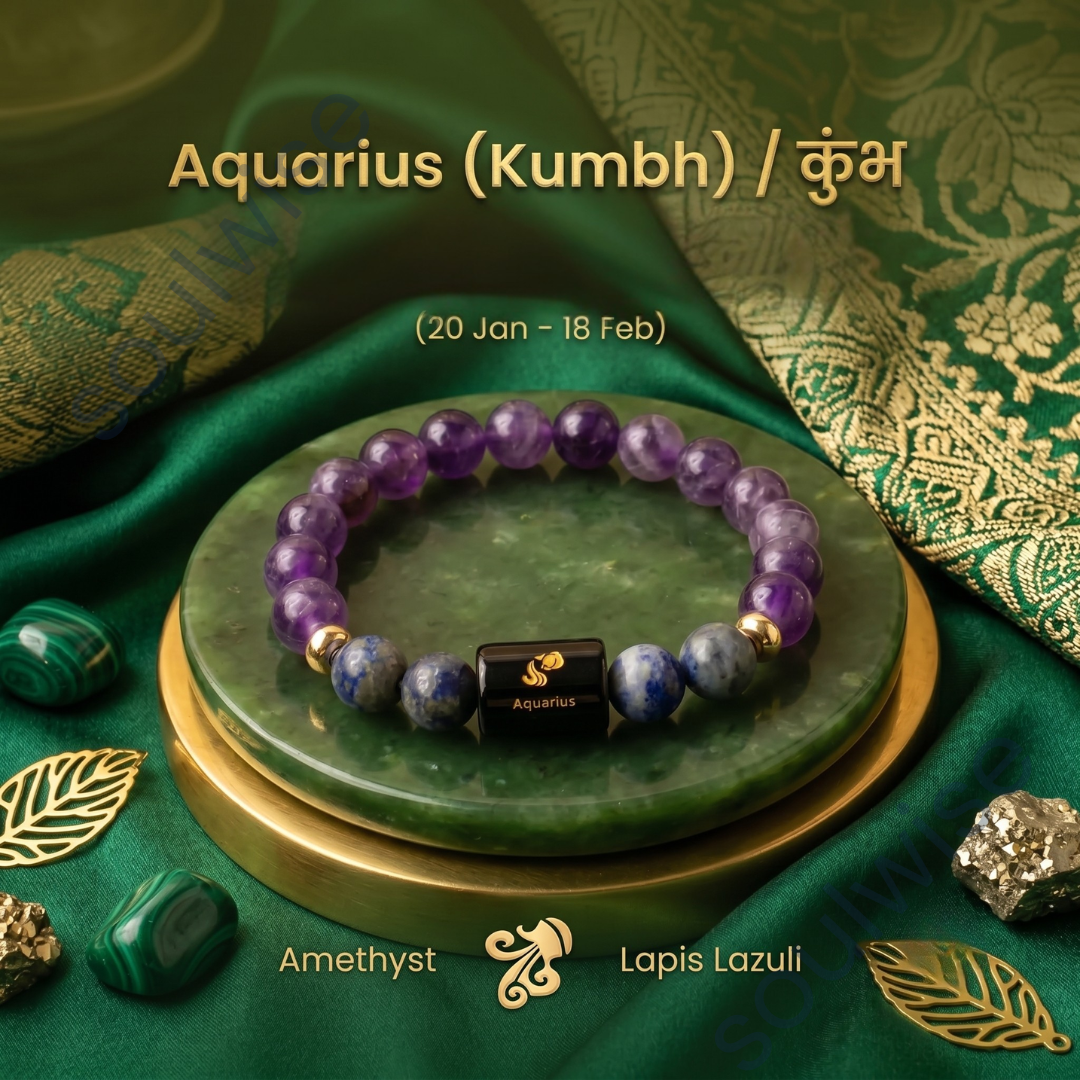 Aquarius (Kumbh Rashi) Zodiac Bracelet – Natural Amethyst & Lapis Lazuli Crystal Bracelet for Wisdom, Intuition & Clarity