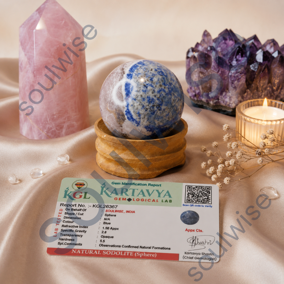 Sodalite Crystal Sphere (50–55mm) with Wooden Stand – Natural Healing Stone for Meditation, Mental Clarity, Focus & Spiritual Balance