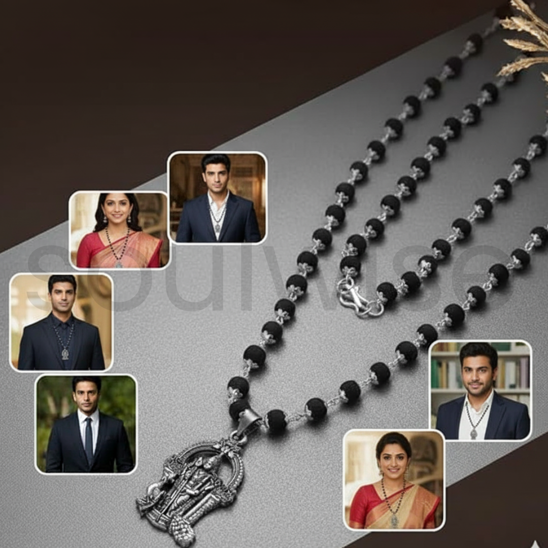 Karungali Mala with Lord Murugan Pendant – Handmade Ebony Wood Bead Necklace with Silver Alloy Pendant – Spiritual Protection Mala for Men & Women