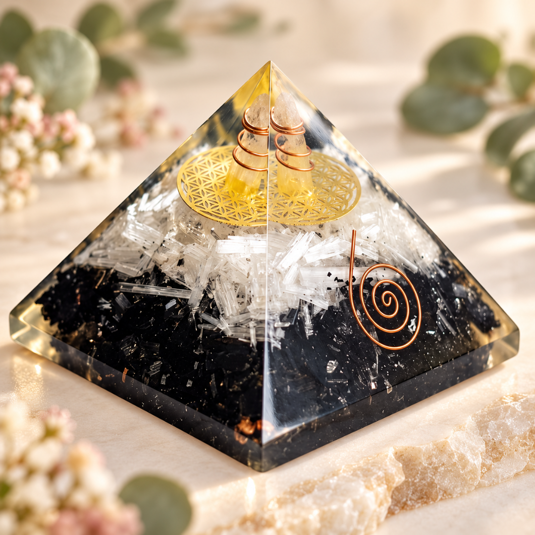 Selenite and Black Tourmaline Crystal Pyramid – Natural Healing Gemstone Pyramid for Protection, Energy Cleansing, Grounding, Reiki, Meditation, Chakra Balancing & Positive Energy