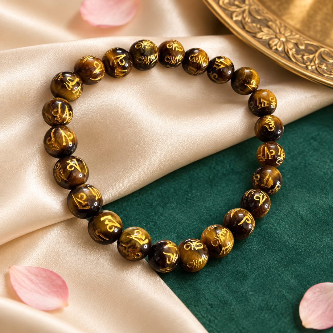 Tiger Eye Om Mani Bracelet 8mm – Natural Tiger's Eye Crystal Beaded Bracelet with Om Mani Padme Hum Mantra for Protection, Confidence, Courage, Prosperity, Meditation & Positive Energy | Unisex Spiritual Jewelry