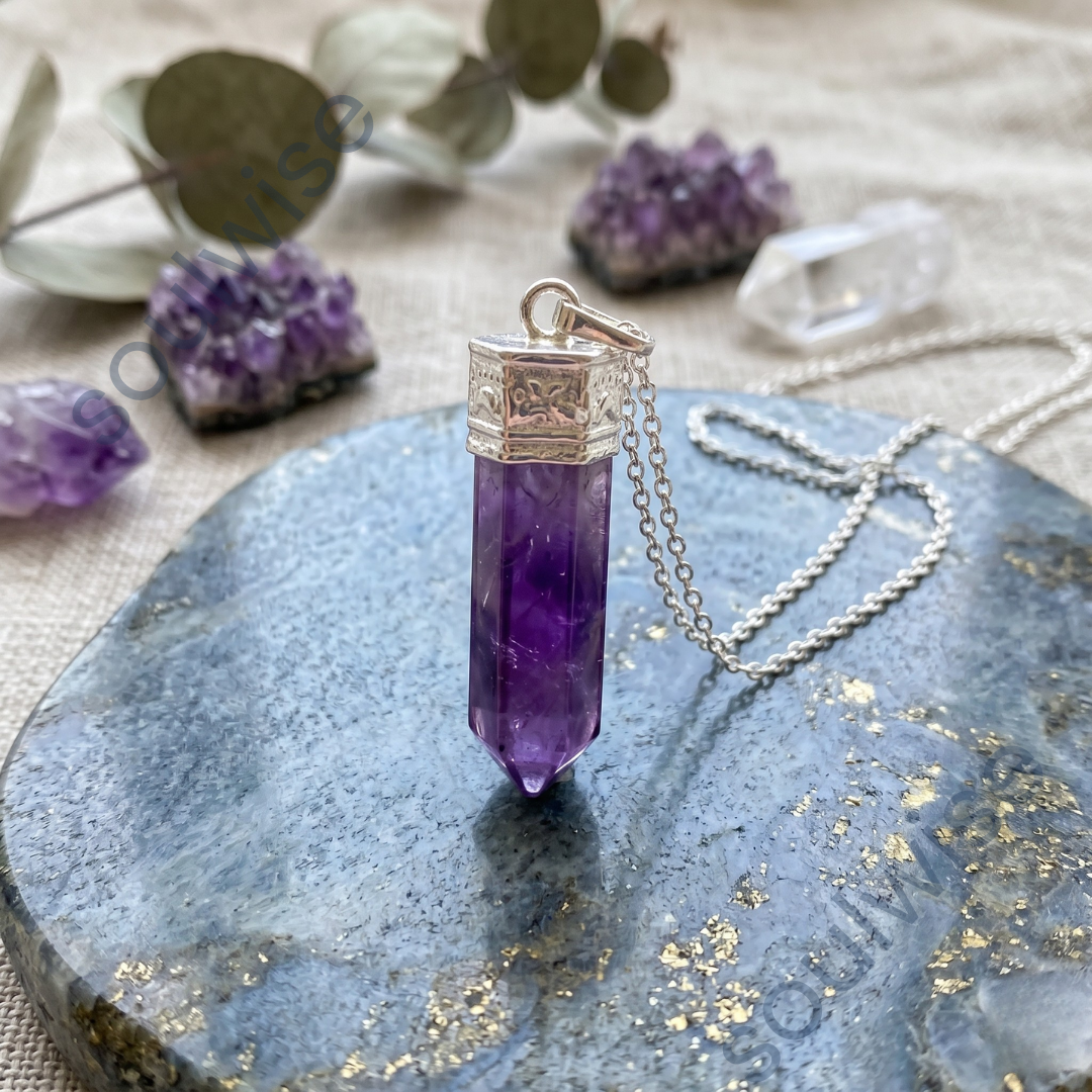 Amethyst Pencil Pendant – Natural Healing Crystal Necklace for Peace, Intuition, Chakra Balancing & Spiritual Growth