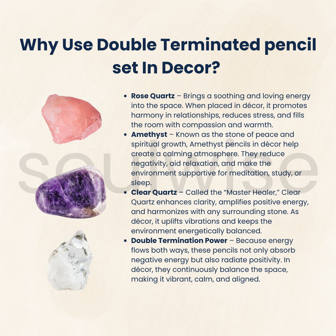 Soulwise Double Terminated Crystal Point Set – Clear Quartz, Rose Quartz & Amethyst – 3-Piece Crystal  Set