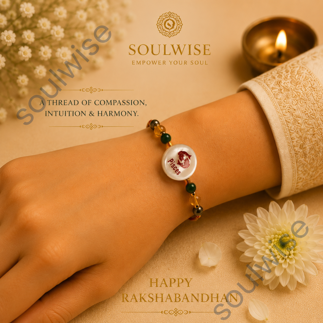 Money Magnet Pisces Rakhi – Green Jade, Citrine, Pyrite & Mother of Pearl Zodiac Rakhi for Prosperity, Intuition & Positive Energy