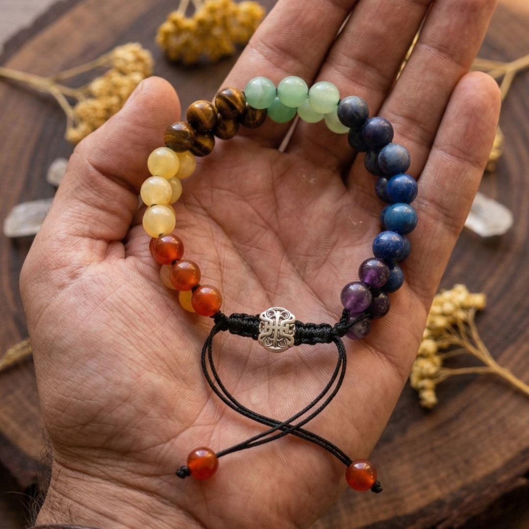 Seven Chakra Double Layer Bracelet with 5 Blessing Charms for Encourages emotional stability and focus.