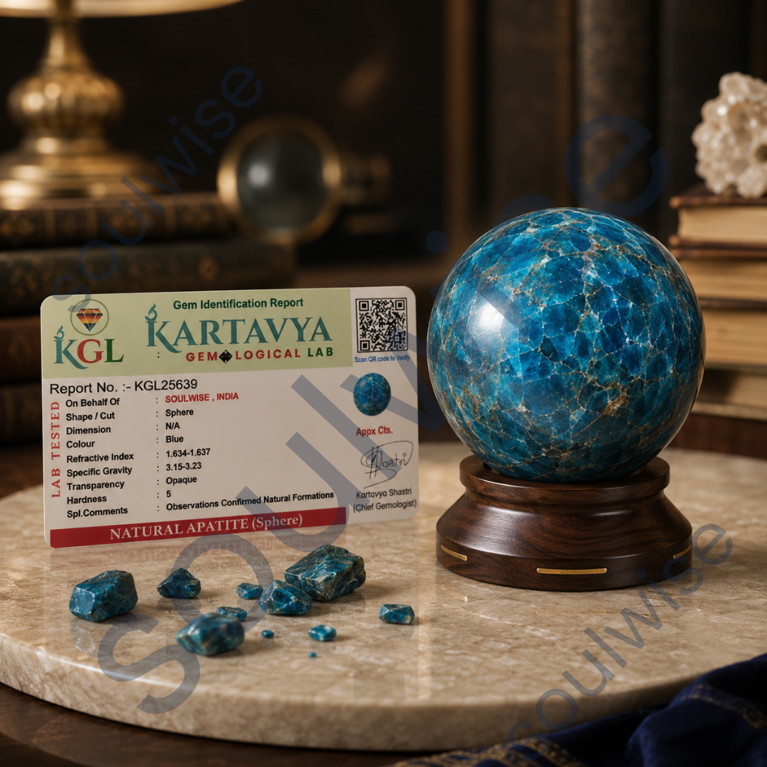 Blue Apatite Crystal Sphere (45–50mm) with Wooden Stand – Natural Healing Crystal Ball for Meditation, Reiki, Chakra Balancing & Home Décor