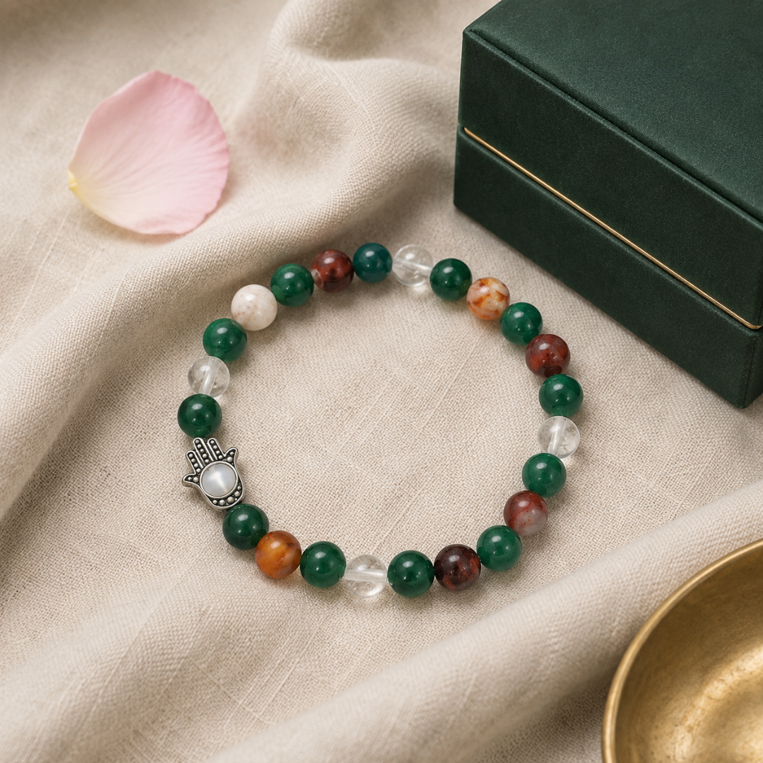 Aries Zodiac Crystal Bracelet with Hamsa Hand Charm – Certified Natural Multi-Stone 8mm Beads