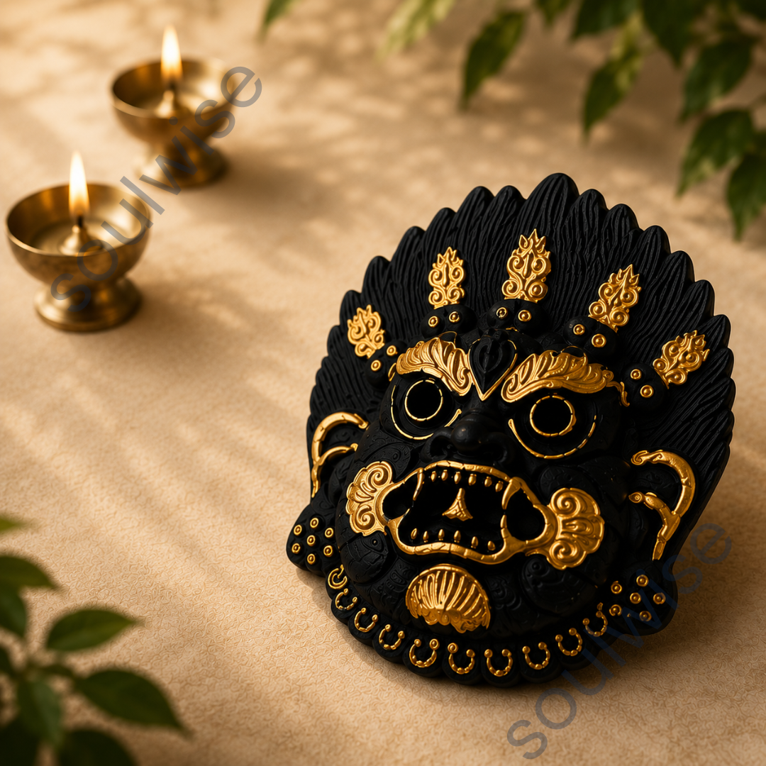 Black & Gold Bhairava Wall Mask | Kirtimukha Guardian Face Wall Hanging for Home & Temple Decor