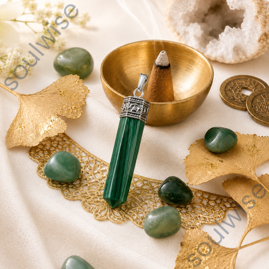 Natural Malachite Pencil Pendant – Healing Crystal Necklace for Transformation, Protection, Emotional Balance & Positive Energy
