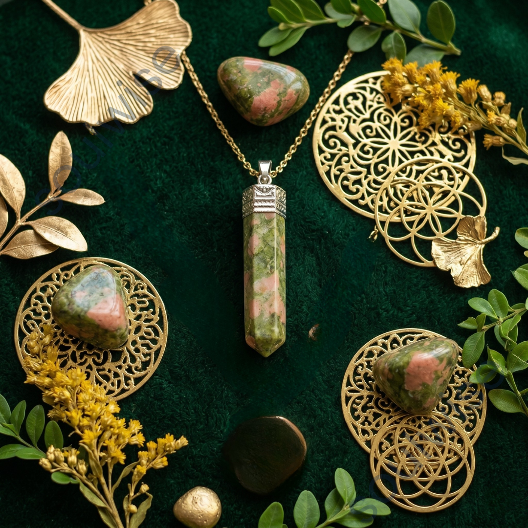 Unakite Pencil Pendant – Natural Healing Crystal Necklace for Emotional Balance, Spiritual Growth & Positive Energy