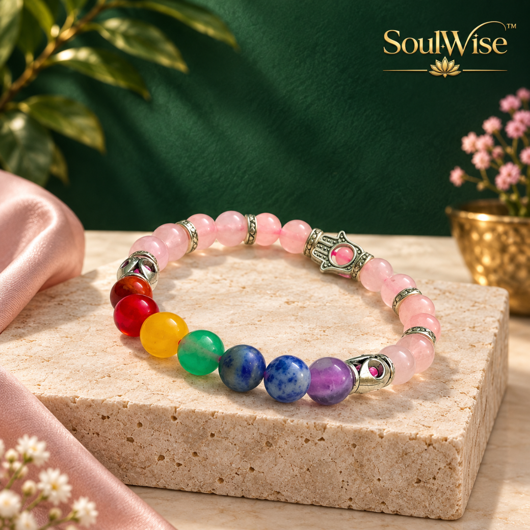 Rose Quartz Bracelet with 7 Chakra Beads & Hamsa Hand Charm – Natural Pink Healing Crystal Bracelet for Love, Protection, Emotional Balance, Positive Energy, Reiki & Spiritual Harmony | Unisex Gemstone Jewelry