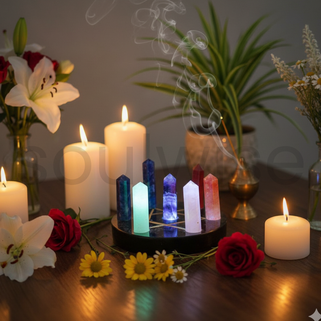 7 Chakra Sacred Geometry Crystal Set, Natural Healing Stones with Pentagram Base