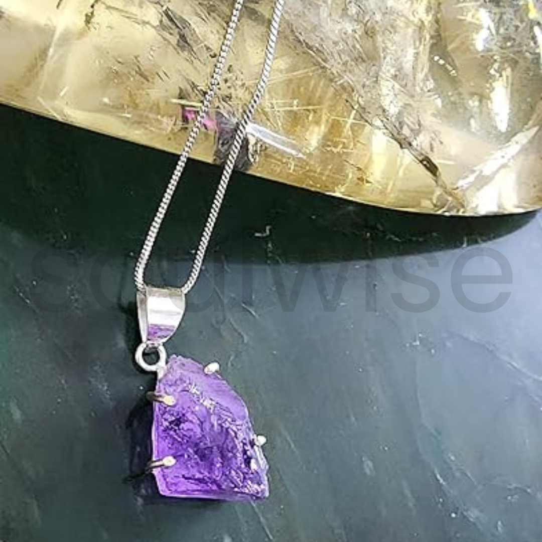 Raw Amethyst Crystal Pendant – Natural Stone Healing Necklace with Silver-Plated Setting for Women & Men – Spiritual Energy Jewelry Gift