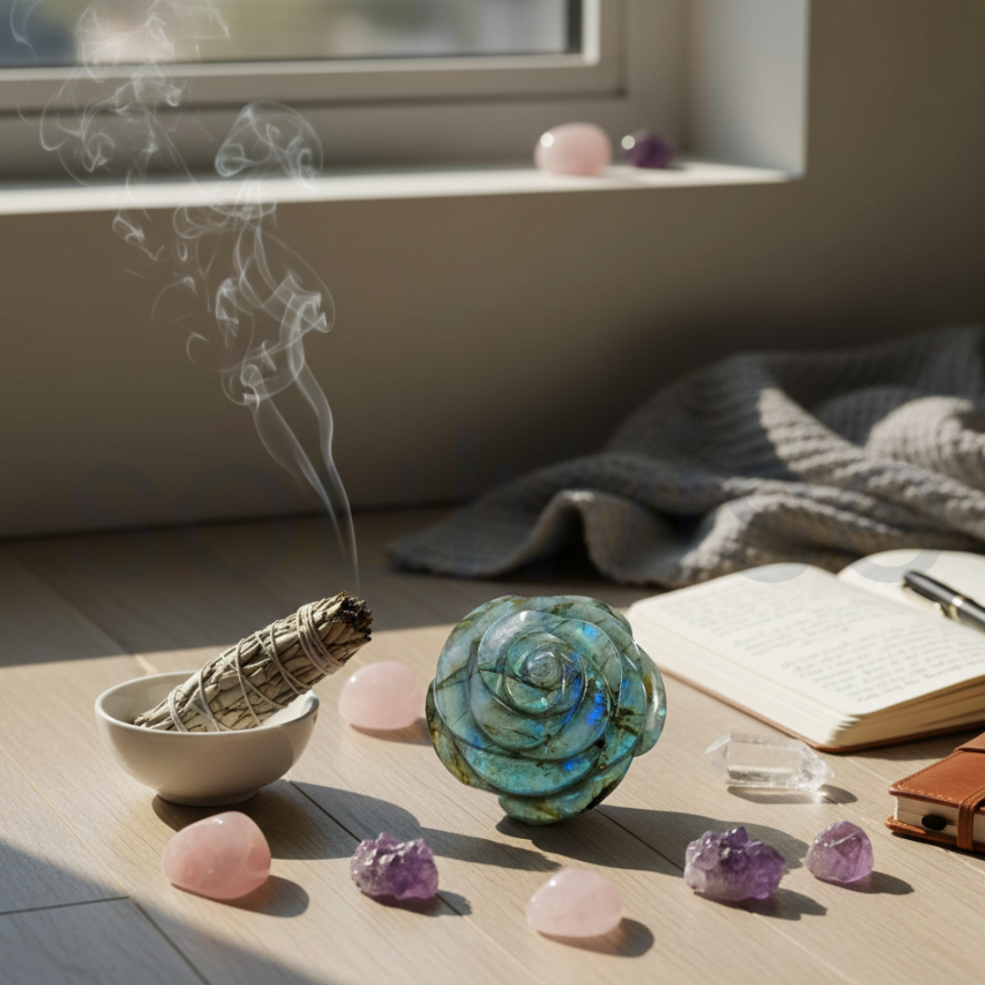 Labradorite Rose Flower – Natural Healing Crystal, Hand-Carved Gemstone for Spiritual Energy & Home Decor ( 50-100g)