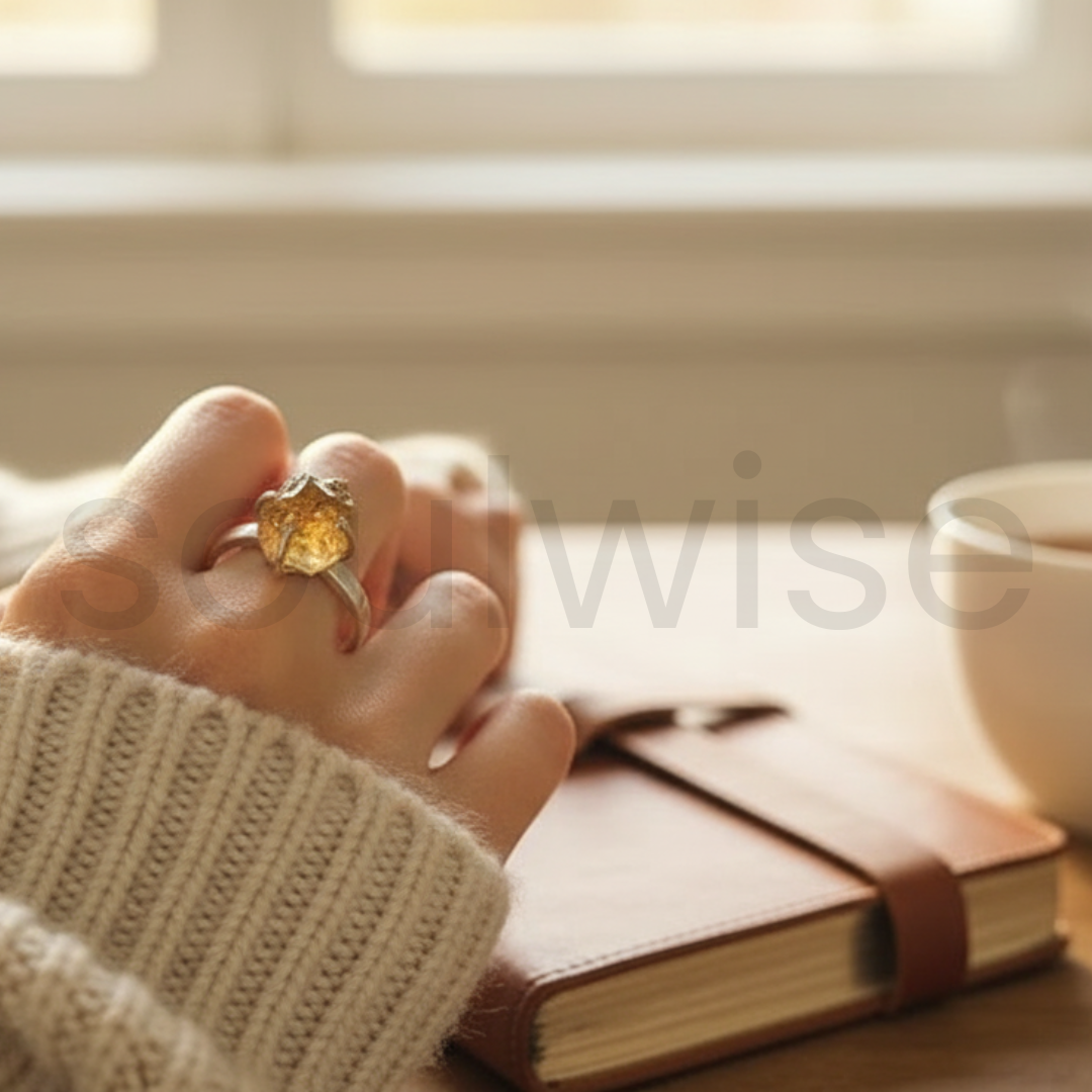 Raw Citrine Ring in Silver Band – Natural Uncut Gemstone Ring for Wealth, Positivity & Confidence.